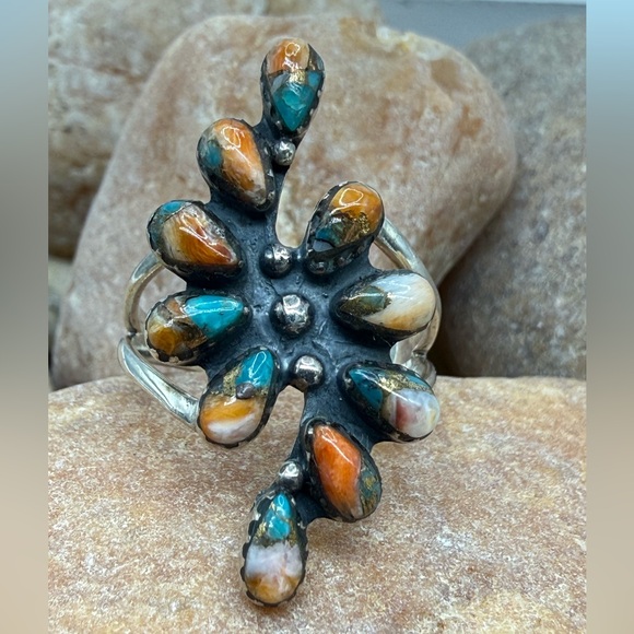 Southwestern Spiny Oyster Turquoise 925 Silver Ring Sz 8 Sante Fe Style NWT - Picture 3 of 17